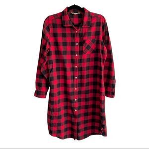 Woolrich Checked Flannel Button Front Long Sleeve Nightgown Black Red M